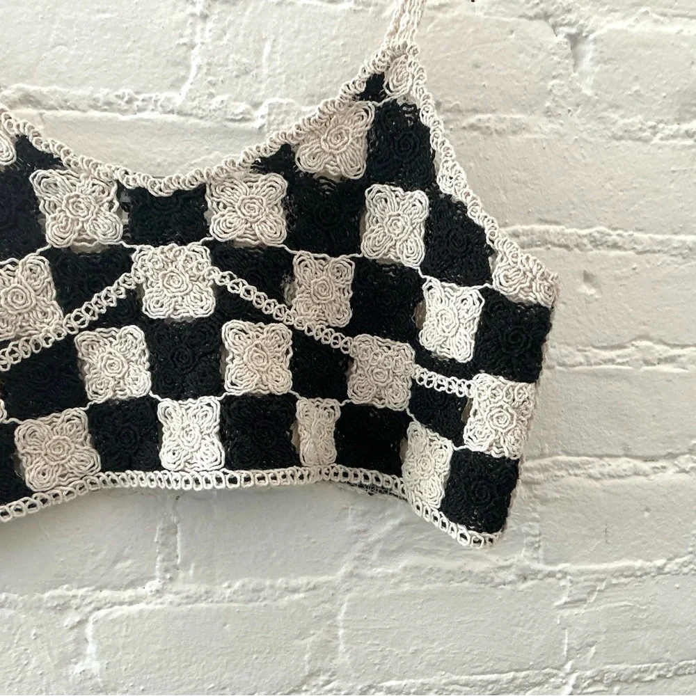 Love J Top Womens Crochet Cropped Tank Cream Black Granny Square Boho Festival - Picture 3 of 11